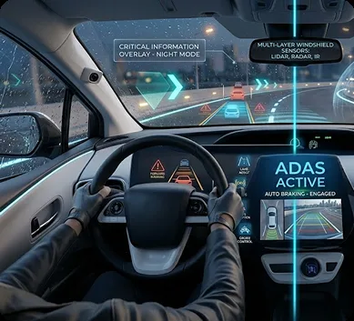 ADAS camera and sensor systems active on a modern dashboard