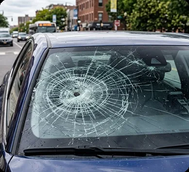 Shattered windshield damage before replacement