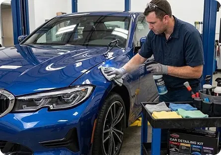Technician working a door panel with PDR tools